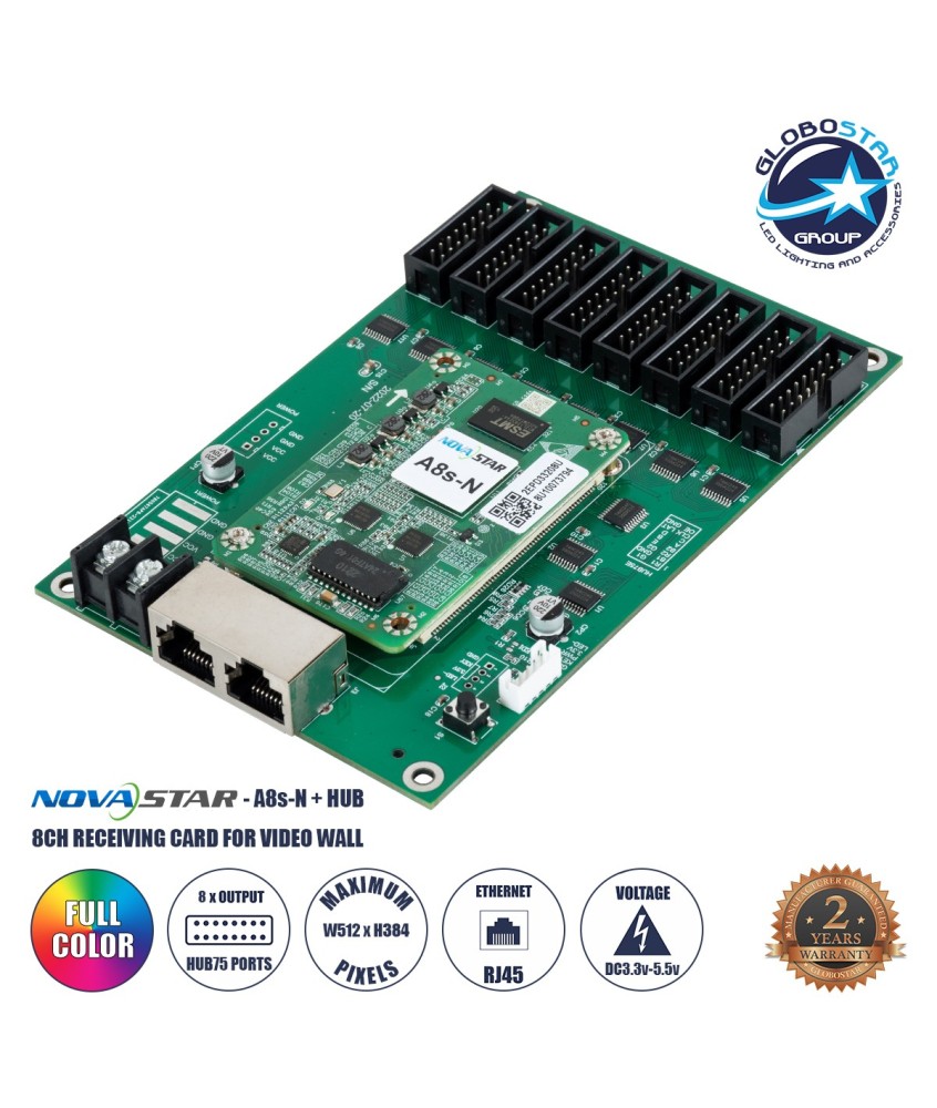 GLOBOSTAR® A8S-N+HUB 41022 Novastar A8S-N+HUB Receiving Card για Οθόνες LED Video Wall 8 x HUB75E με Loading Capacity σε Pixel 512 x 384px - Gigabit Network Ethernet Input & Output Ports - DC 5V IP20 - Μ7 x Π4.5 x Υ0.8cm - 2 Χρόνια Εγγύηση